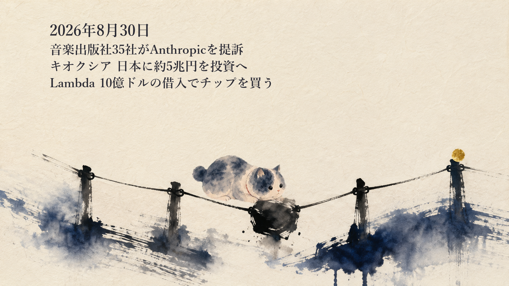 AIニュースまとめ 8月30日——音楽出版社35社がAnthropicと共同創業者2名を提訴、キオクシアとサンディスクが日本に約5兆円、Lambdaは10億ドルの借入でチップを買う