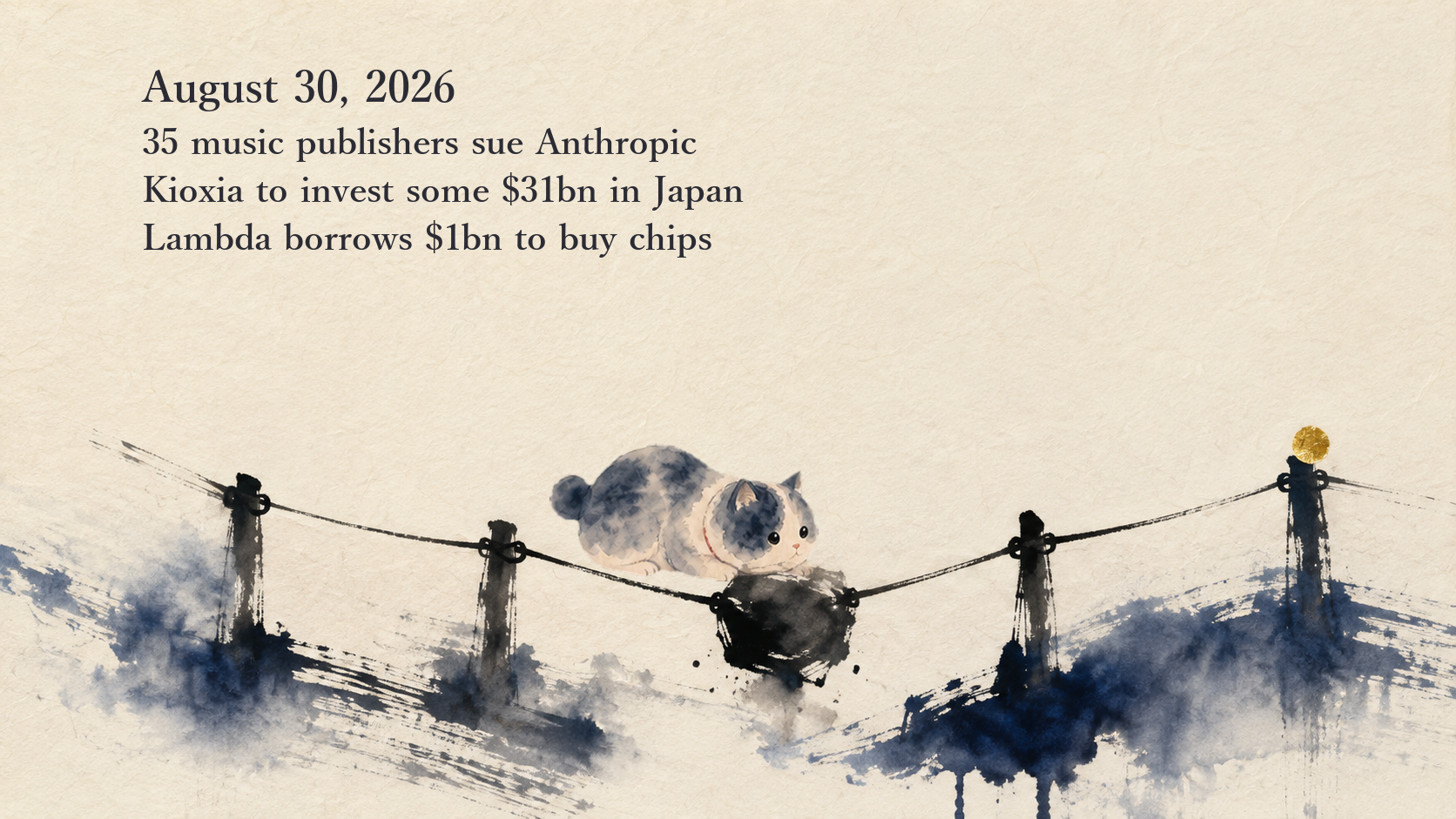 AI News Briefing — August 30: 35 music publishers sue Anthropic and two co-founders, Kioxia and SanDisk plan about ¥5 trillion in Japan, and Lambda borrows $1 billion to buy chips