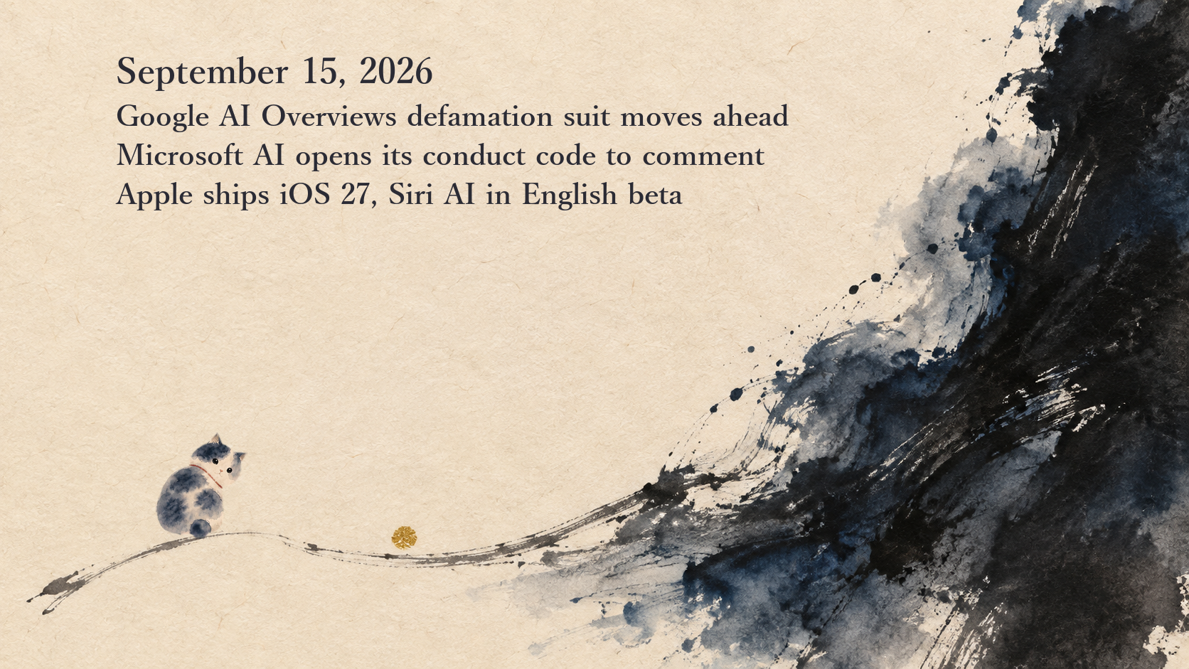 AI News Briefing — September 15: A judge lets two AI Overviews defamation claims proceed, Microsoft AI opens a draft code of conduct to comment, and Apple ships iOS 27