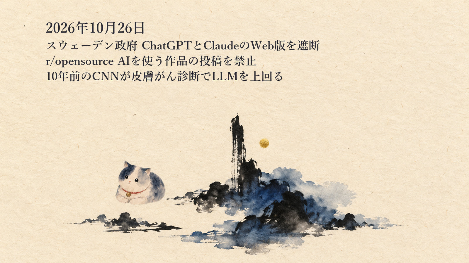 AIニュースまとめ 10月26日——スウェーデン政府がChatGPTとClaudeのWeb版を遮断 r/opensourceはAIを使う作品の投稿を禁止